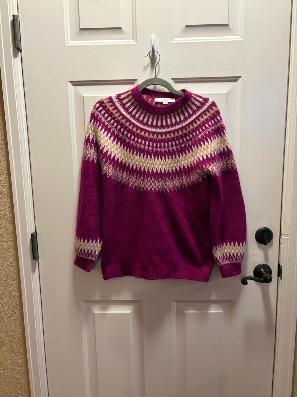 LOFT Magenta Fair Isle Crewneck Sweater with Cream Accents